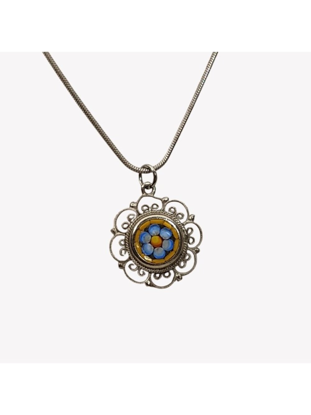 Vtg Italy Floral Micro Mosaic Silver Filigree Pendant Necklace Blue Yellow